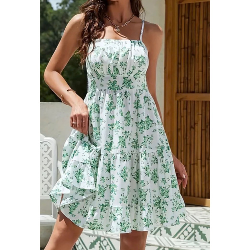 Shein Curve Green Floral Tiered Ruffle Mini Dress‎ Smocked Back 3XL Plus Size
